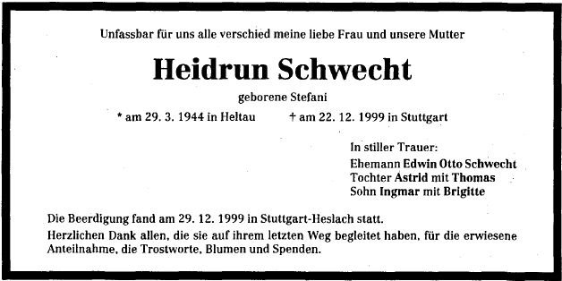 Stefani Heidrun 1944-1999 Todesanzeige